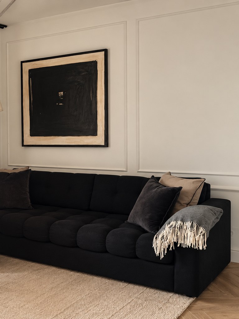 Salon Apartamentu 77 — czarna sofa pod dużym obrazem
